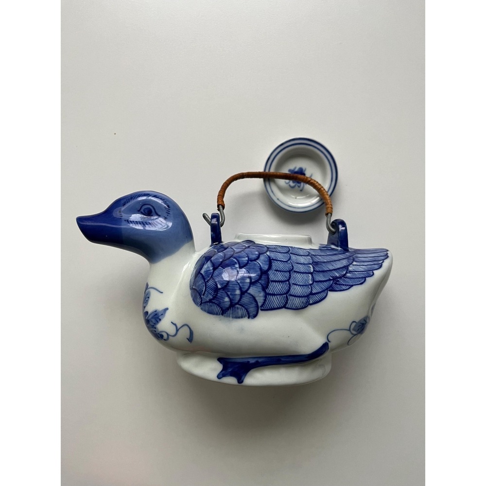 Vintage Chinese Blue and White Porcelain Duck Teapot Hand Painted Chinoiserie